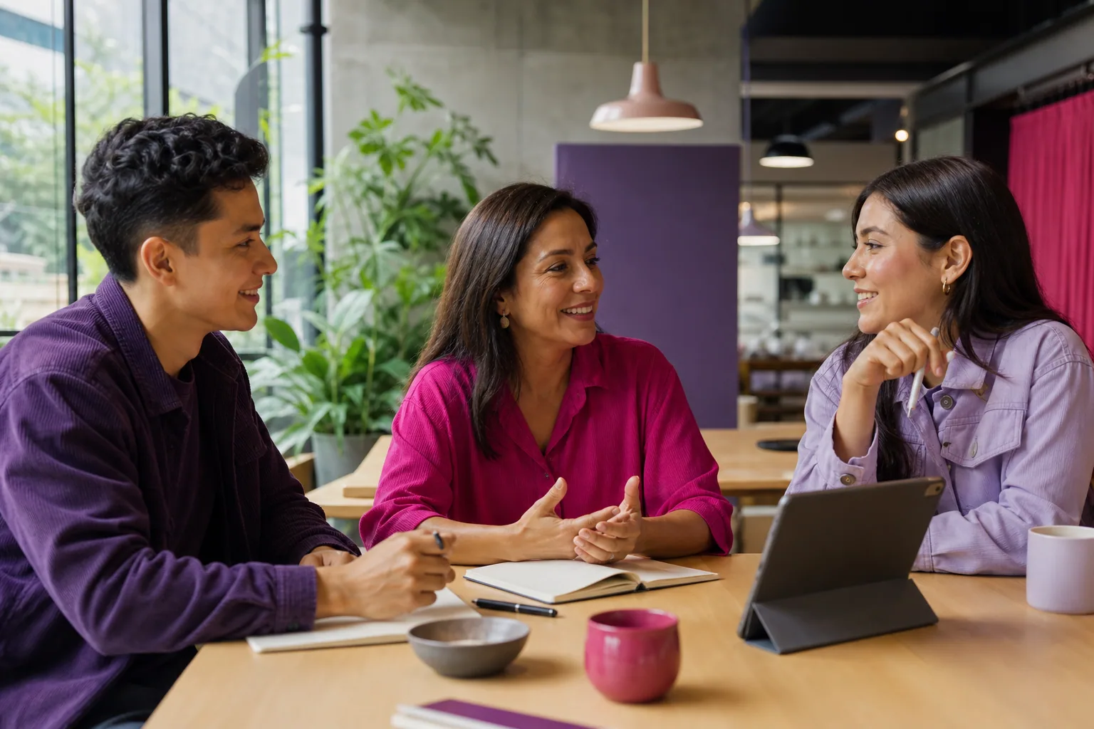 Un equipo conversa y revisa información junto a una tableta