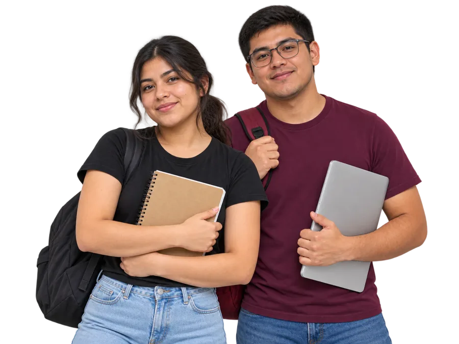 Composición ilustrativa de dos estudiantes con un cuaderno y un portátil